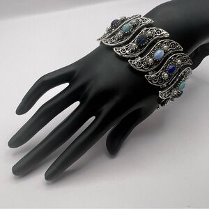 Gorgeous Chunky Silver Tone Filagree Book Chain Panel Bracelet w/ Blue Accents